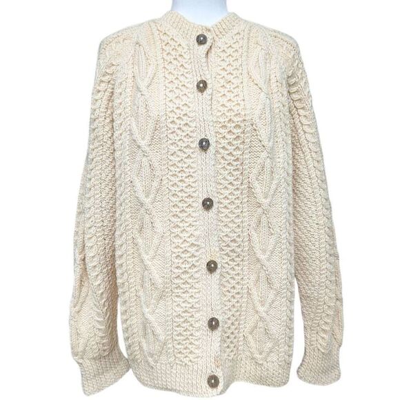 Handmade Off White Cream Cardigan Heavy Cable Sweater Wood Buttons Long Sleeve - Picture 1 of 10